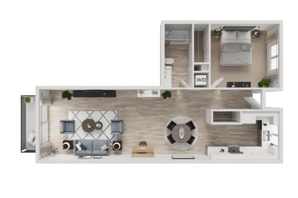 Floor plan of a studio apartment: living room, bedroom, kitchen, bathroom.