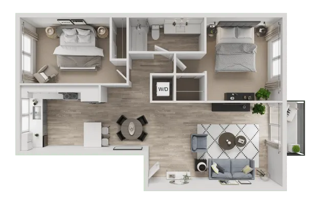 Floor plan of a 1-bedroom, 1-bath apartment. Includes kitchen, living room, bedroom, and bathroom.