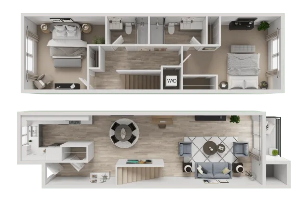 Floor plan of a studio apartment: living room, bedroom, kitchen, bathroom.