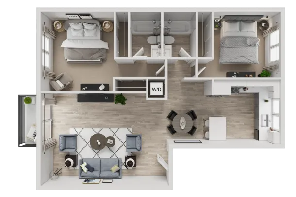 Floor plan of a junior 1-bedroom apartment. Shows living room, kitchen, bedroom, bathroom, and closets.