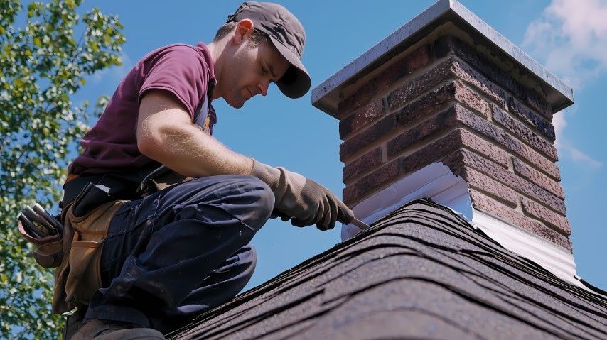 Roofing worker hammering shingles near a brick chimney under a blue sky