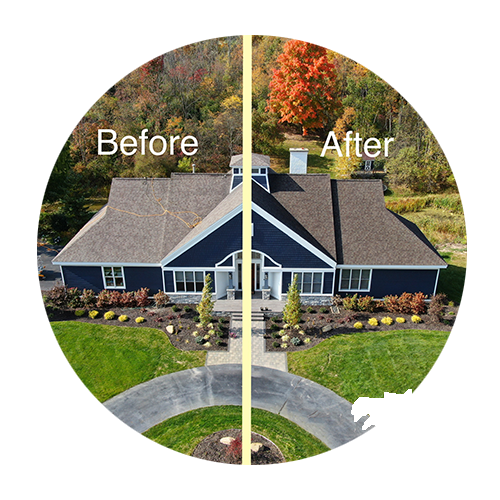 Before-and-after aerial view of a house with a landscaped front yard split down the middle