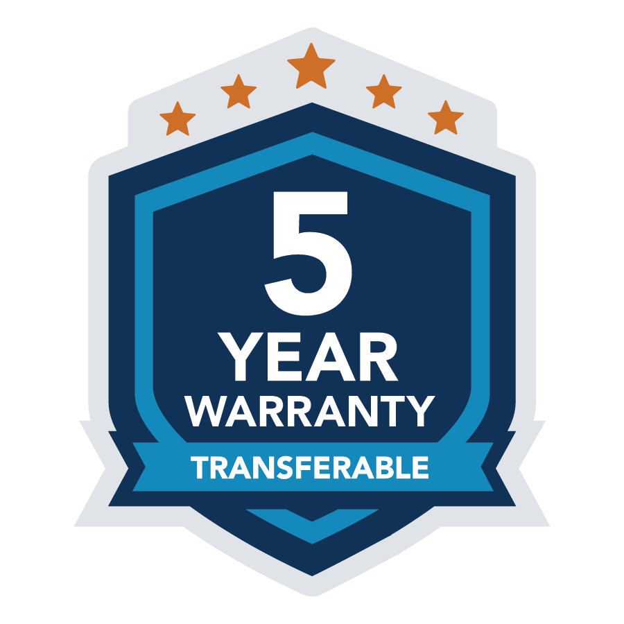 Blue and silver badge reading “5 Year Warranty,” with five stars and “Transferable” ribbon.