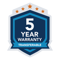 Blue and silver badge reading “5 Year Warranty,” with five stars and “Transferable” ribbon.
