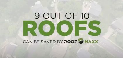 Text ad: “9 out of 10 roofs can be saved by Roof Maxx” over a faded roof background.
