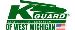 K Guard Leaf Free Gutter System logo with green text and an American flag, for West Michigan