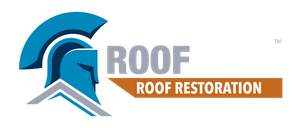 Roof Restoration logo with blue roof icon and orange banner text on white background