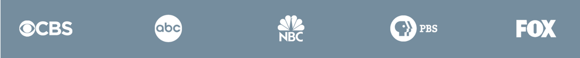 TV network logos for CBS, NBC, ABC, and FOX on a light blue background