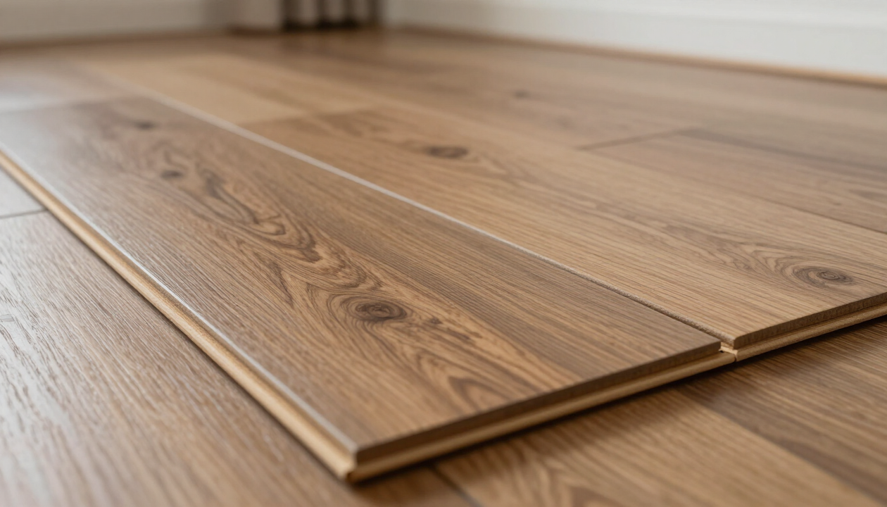 Listoni di pavimento laminato effetto legno impilati su una superficie di pavimento in legno
