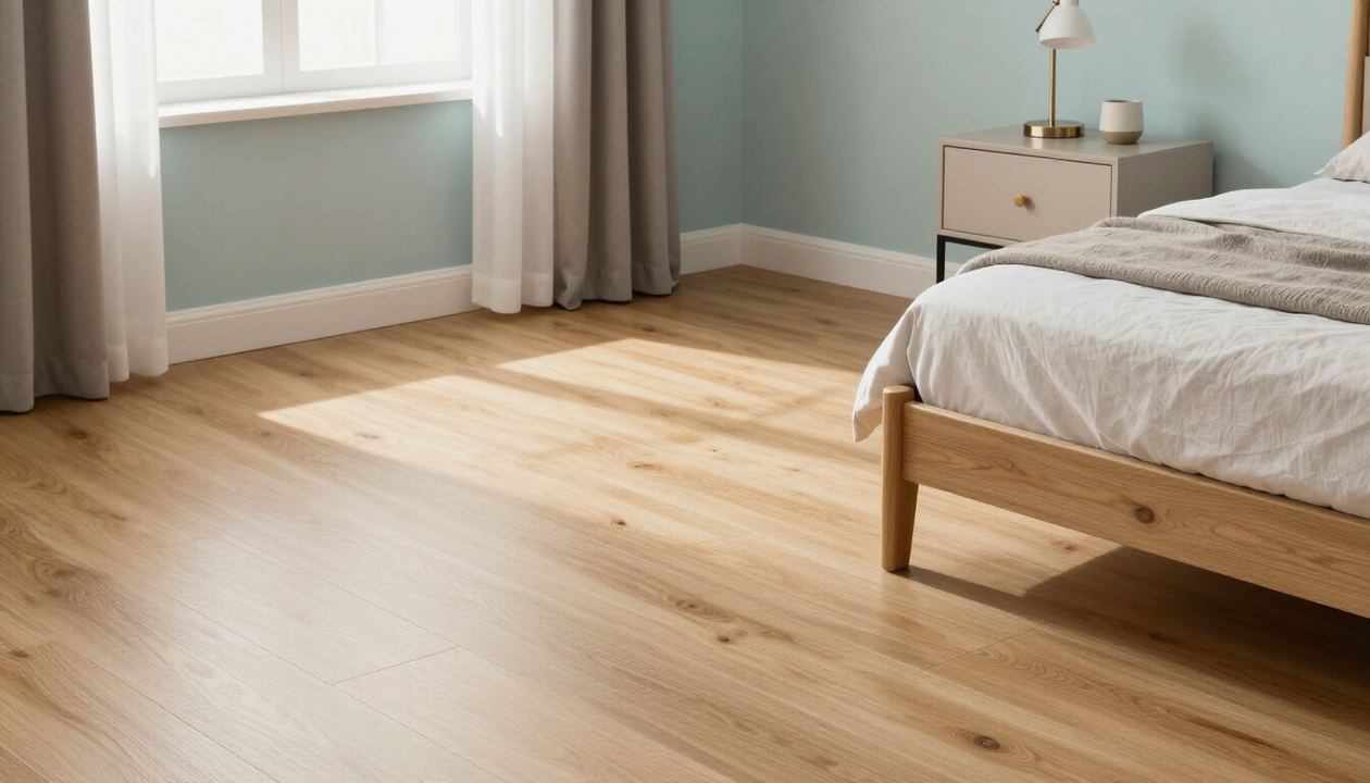 Camera da letto minimalista con pavimento in legno chiaro, letto e finestra con tende.