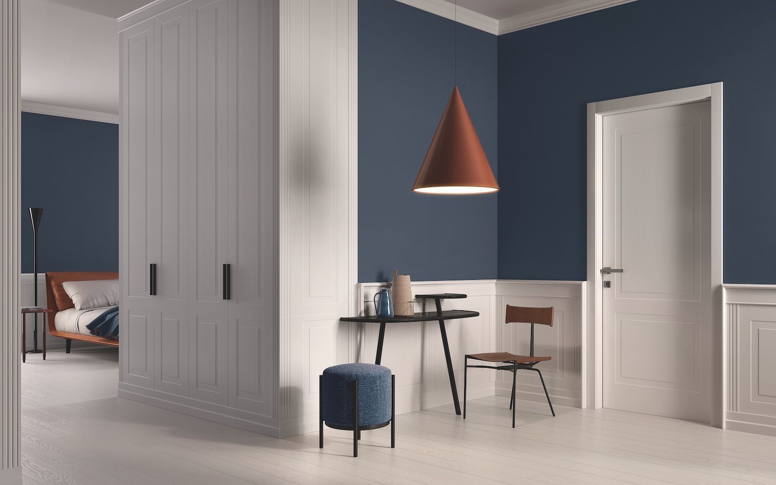 Camera da letto moderna con pareti blu, armadio bianco, scrivania, sedia e lampada a sospensione in rame.