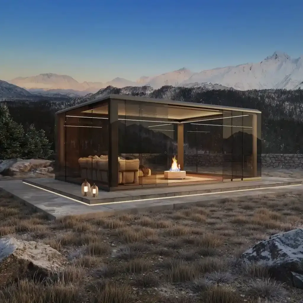 Pergola bioclimatica in vetro con calde luci interne in un paesaggio montano innevato al crepuscolo