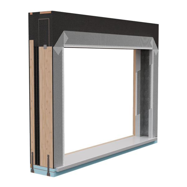 Telaio di finestra aperto con rivestimento in metallo grigio e pannello esterno nero, mostrato in un ambiente di studio bianco.