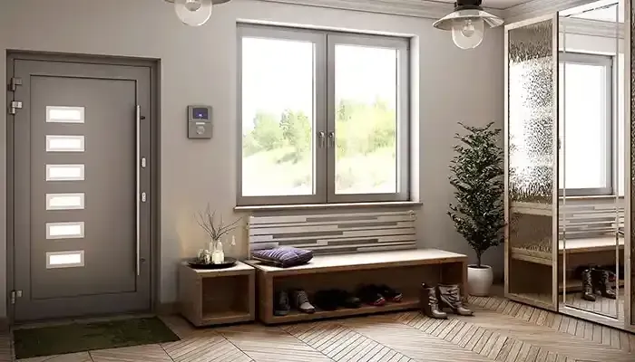 Ingresso moderno con porta grigia, panca, finestra, pianta e consolle con specchio.