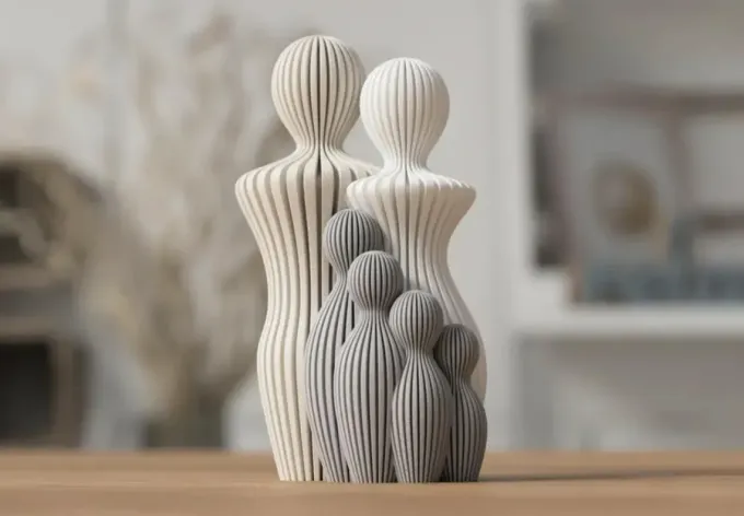 Stampa 3D, statuette astratte in legno su un tavolo, una scultura più grande a strisce dietro figure più piccole e arrotondate.