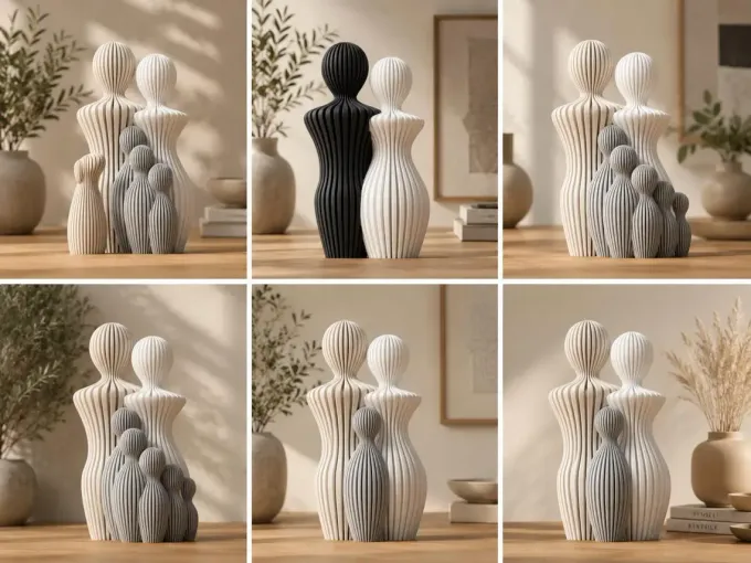 Stampa 3D, sei vasi decorativi a coste nei colori nero, bianco e grigio su una mensola beige con delle piante.