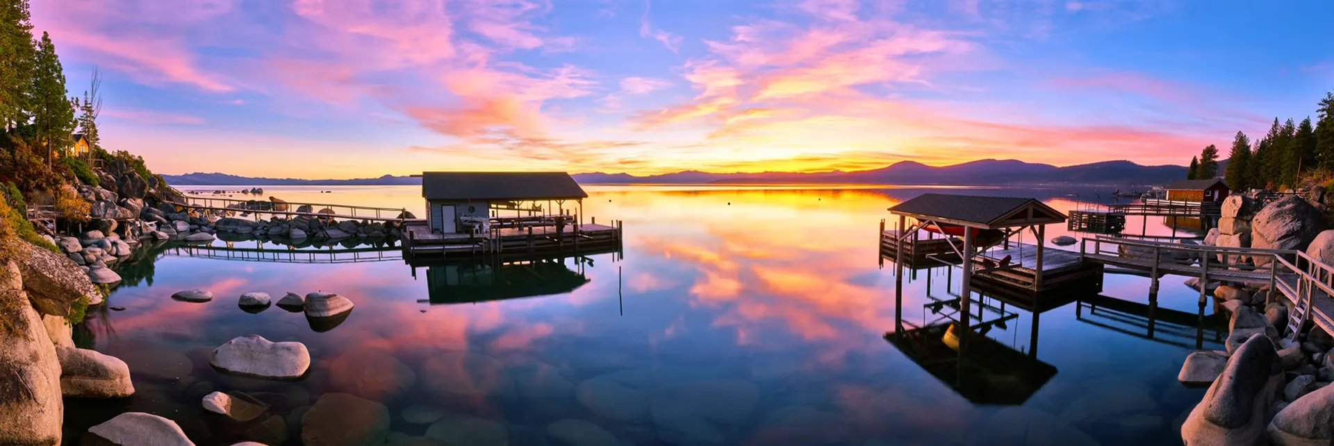 Sunset over a calm lake with boats and wooden docks reflecting pink and orange sky