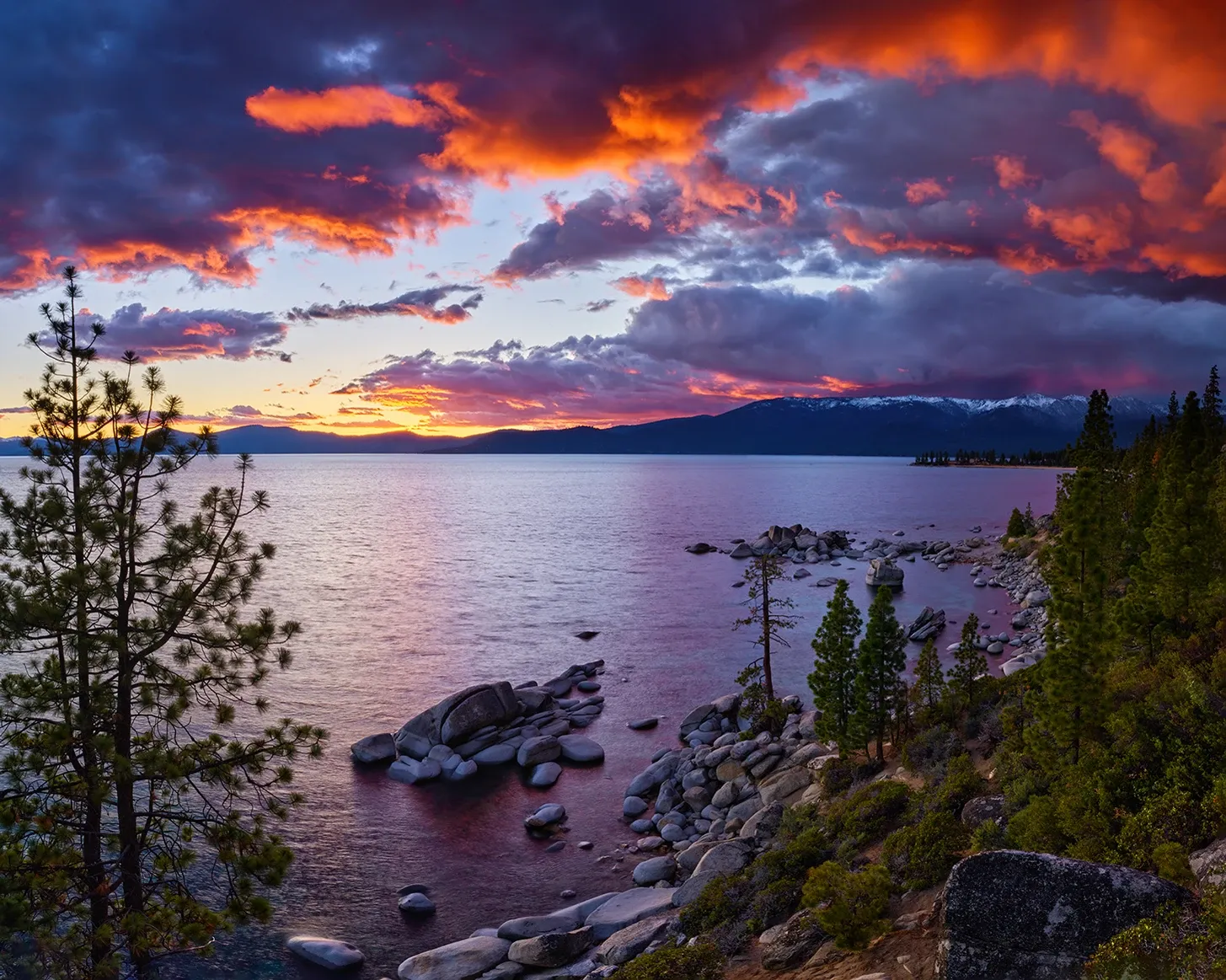 Sunset over a rocky lakeshore with purple clouds, calm water, and pine trees