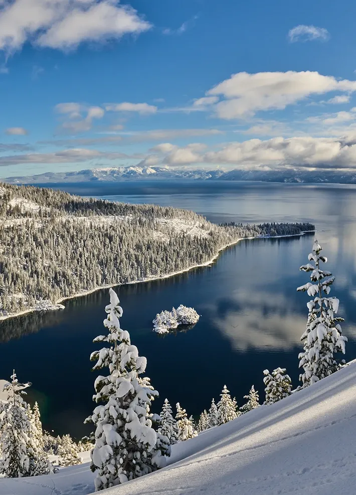 Snowy lakeside mountain view with frozen pines, dark blue water, and a bright blue sky