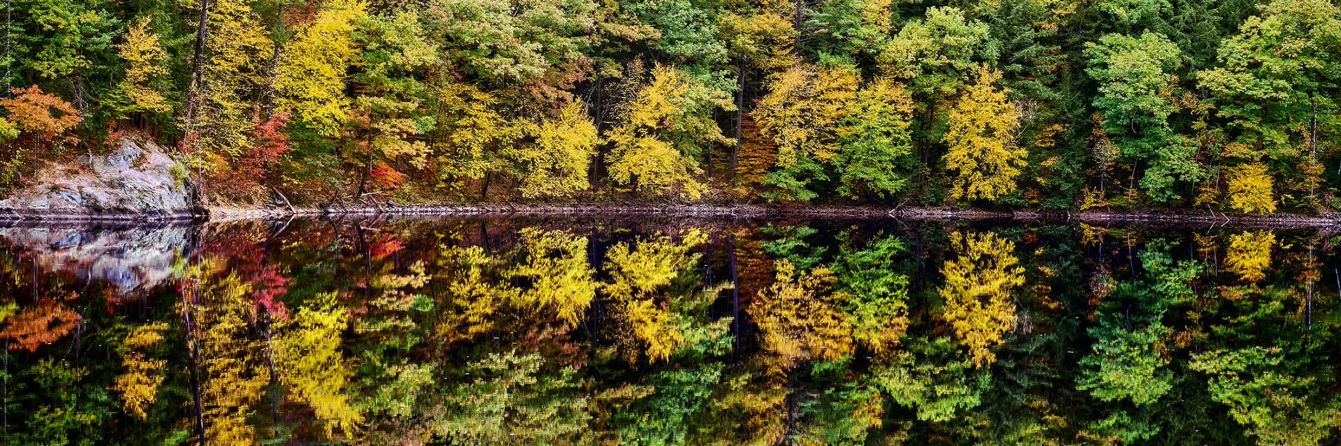 Autumn forest reflected in a calm lake, with bright red, yellow, and green trees along the shore.