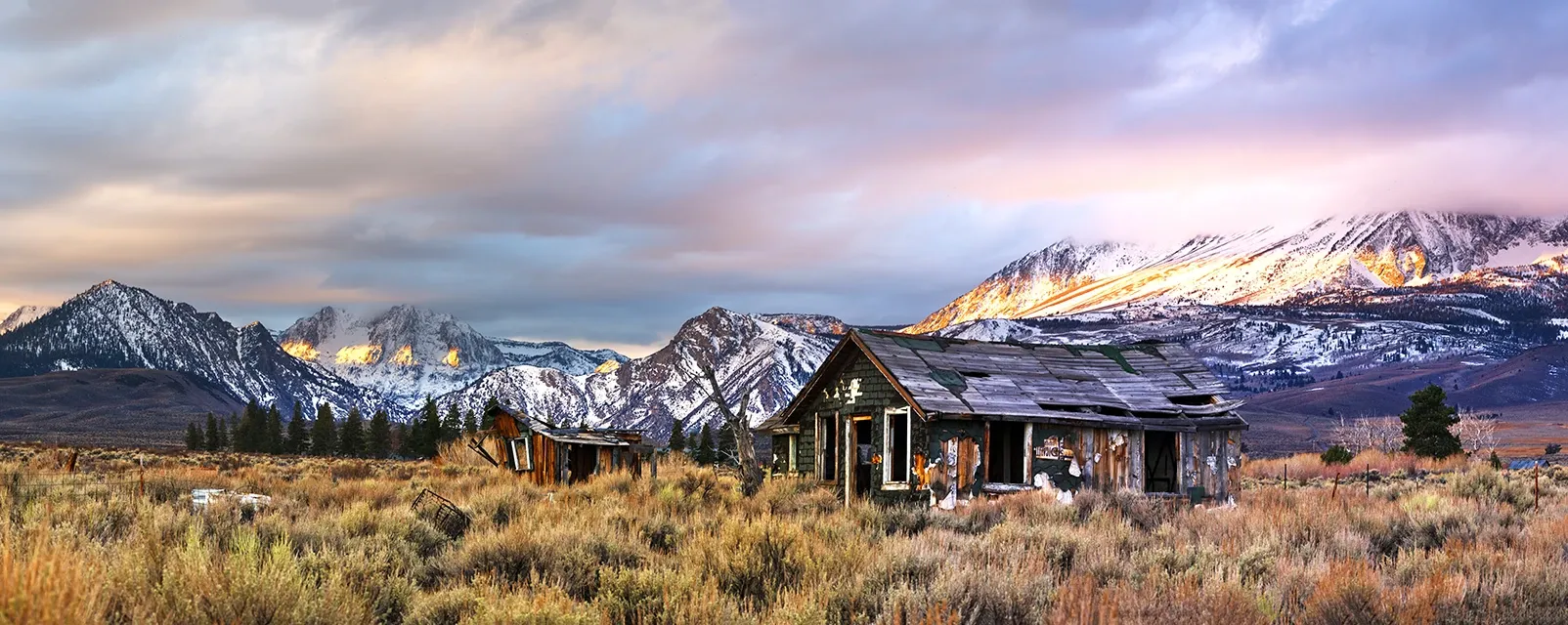 Rustic cabin in a grassy field with snow-capped mountains and a pink sunset sky behind it