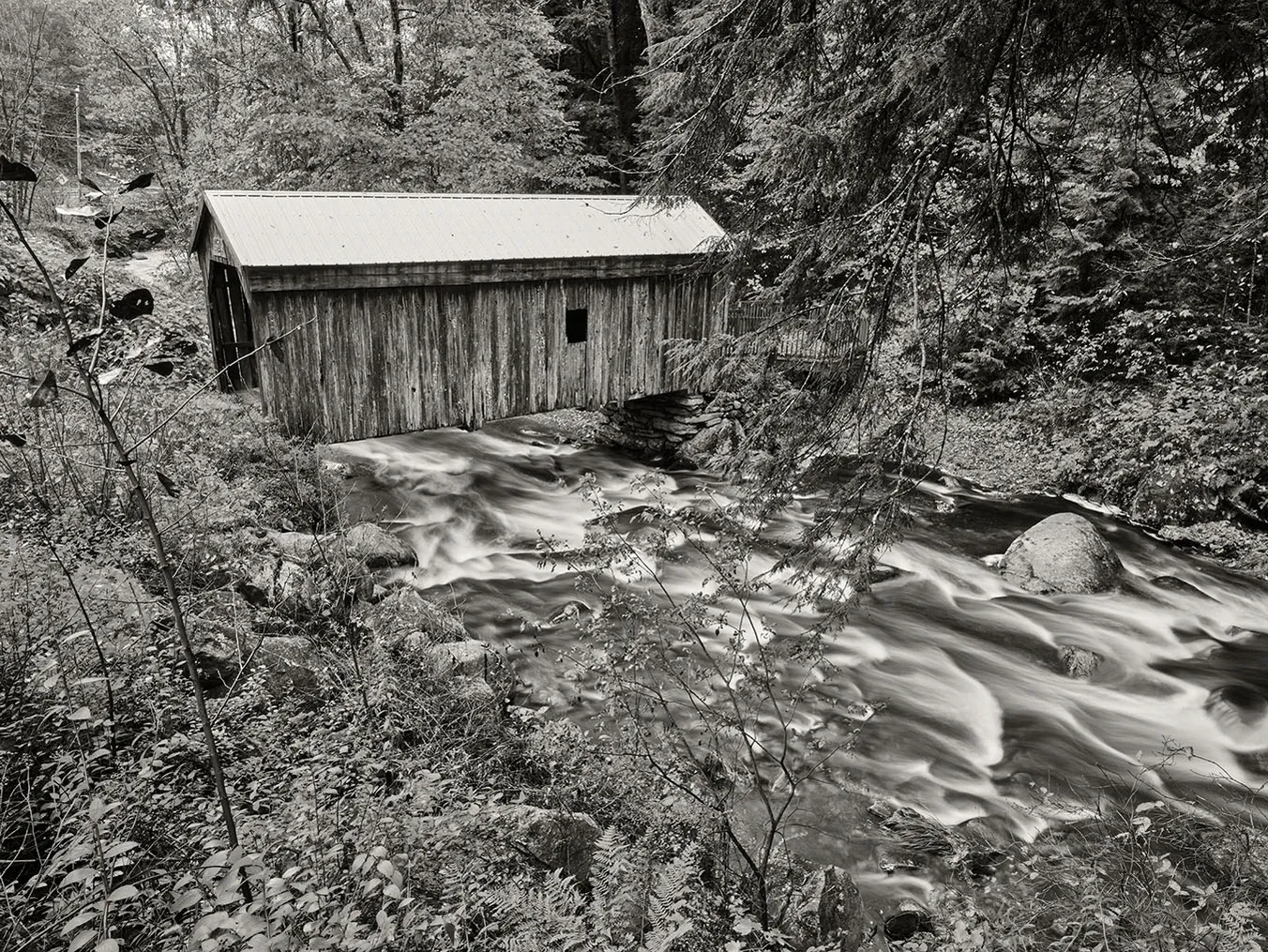Old wooden cabin beside a rocky stream in a wooded forest