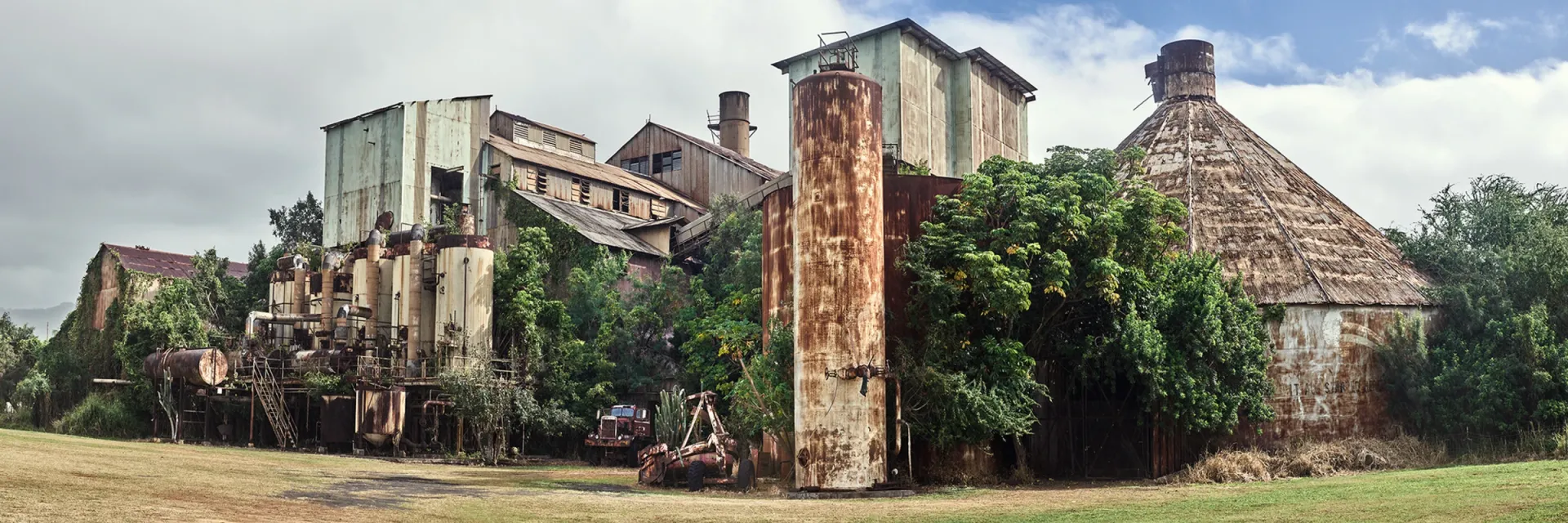 Abandoned weathered building with peeling white walls and a rusted roof, overgrown by trees and brush
