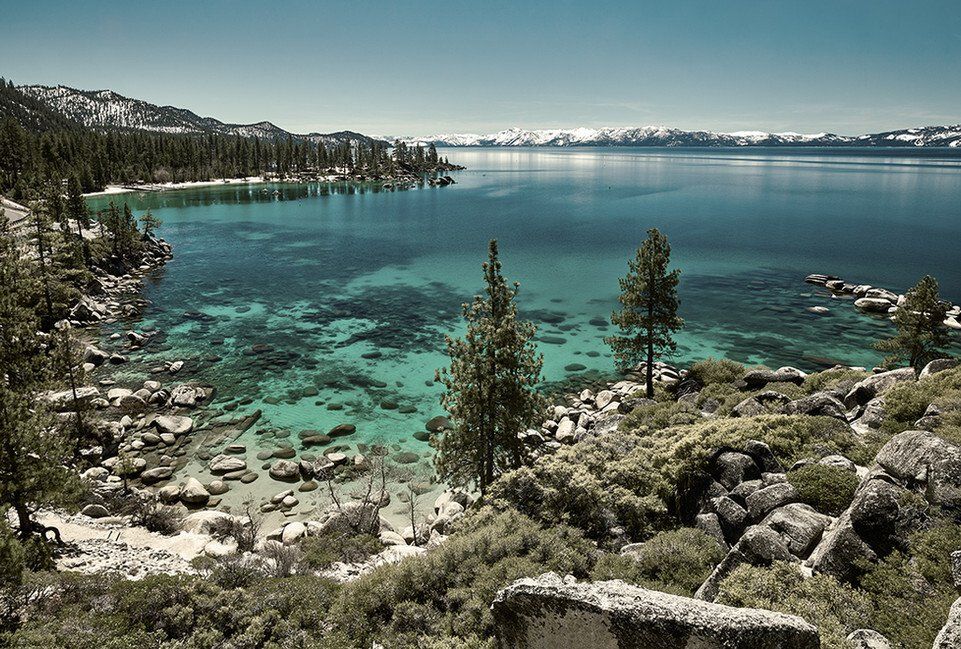 Turquoise mountain lake with pine trees, rocky shoreline, and snow-capped peaks under a clear sky
