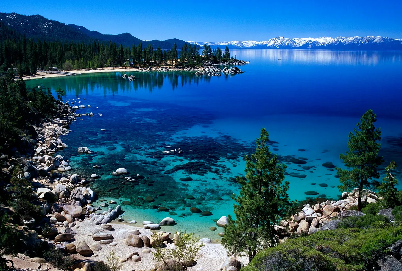 Clear turquoise lake with rocky shore, pine trees, and snow-capped mountains under a blue sky