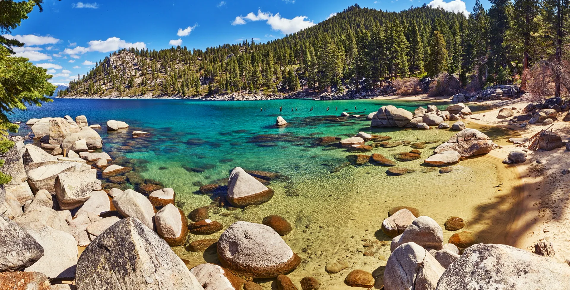 Rocky shoreline with clear turquoise water, pine forest, and a small boat near the sandy edge