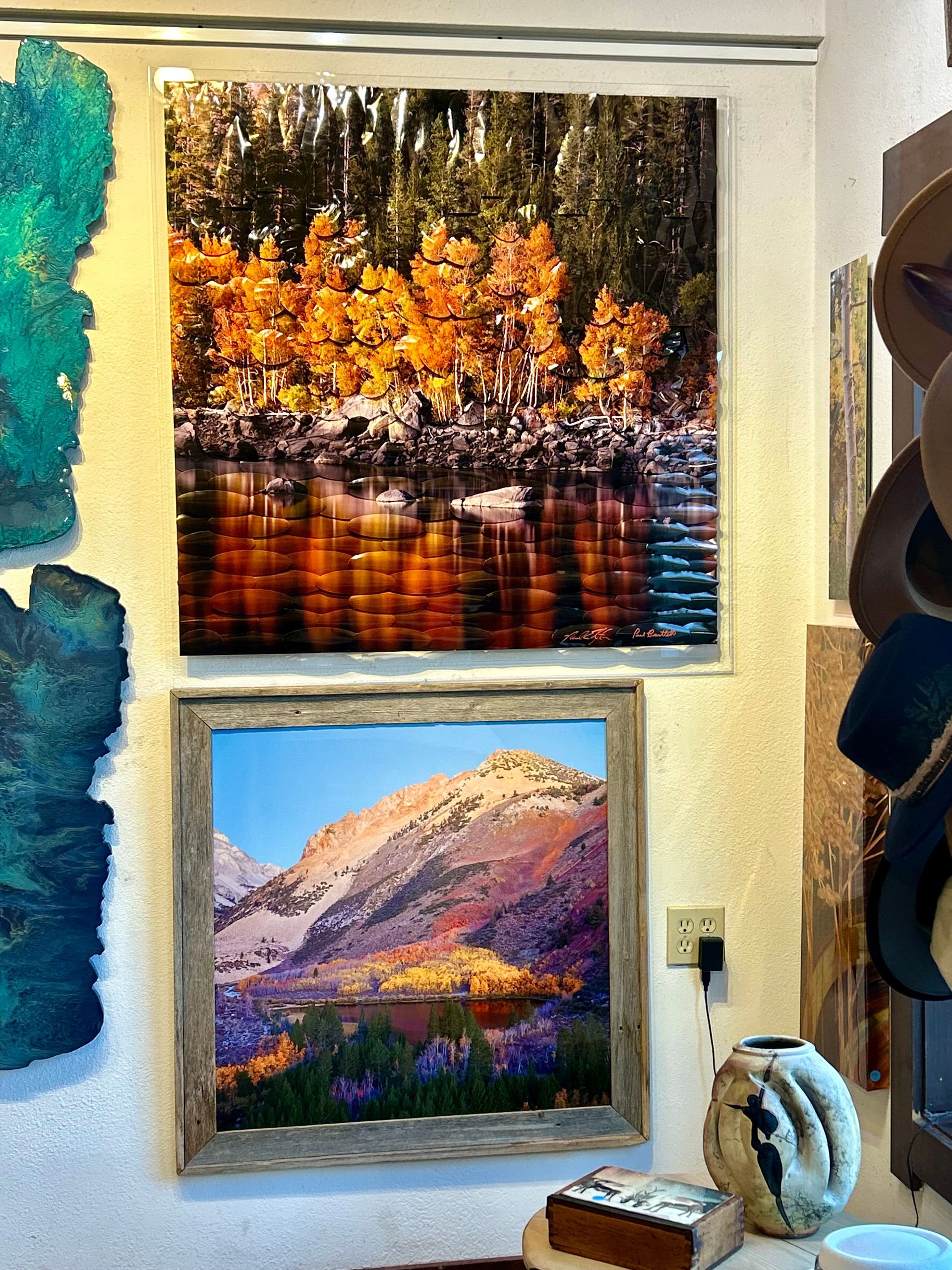 Two framed landscape paintings on a wall, one with autumn trees reflected in water and one with a mountain scene.