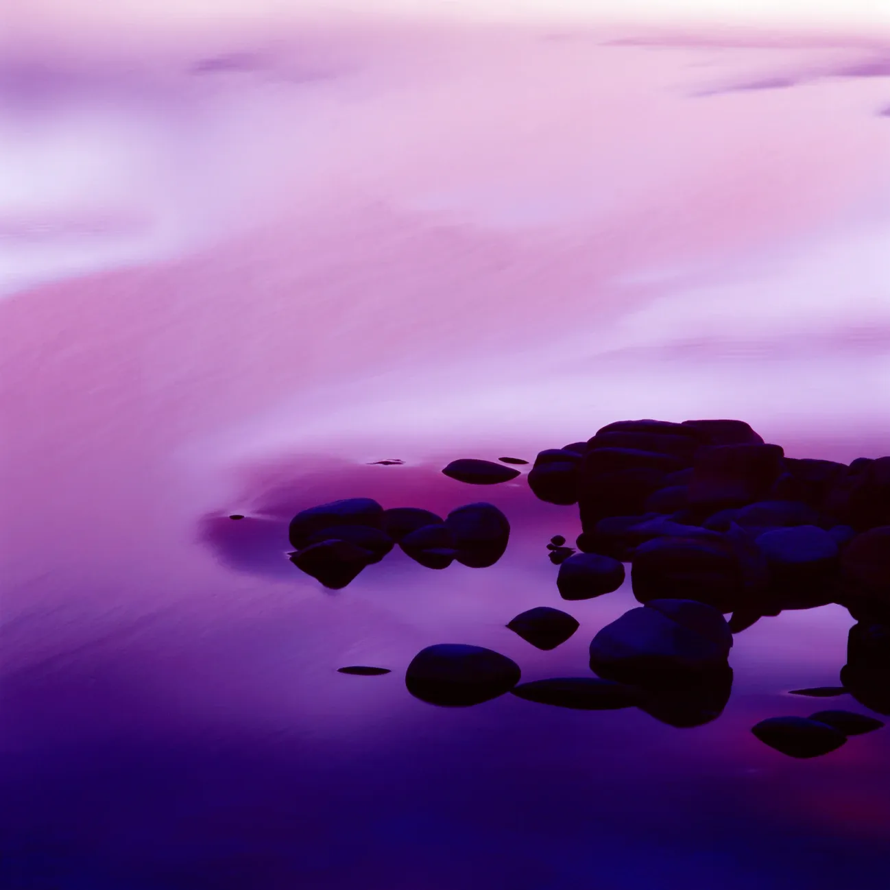 Purple-tinted seascape with dark rocks along a calm shoreline