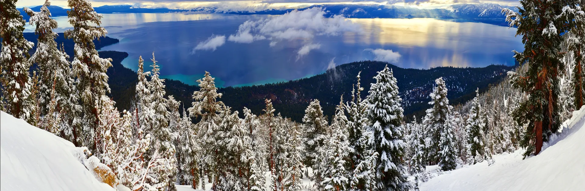 Snow-covered evergreen forest and mountains under a bright blue sky with sunbeams and clouds