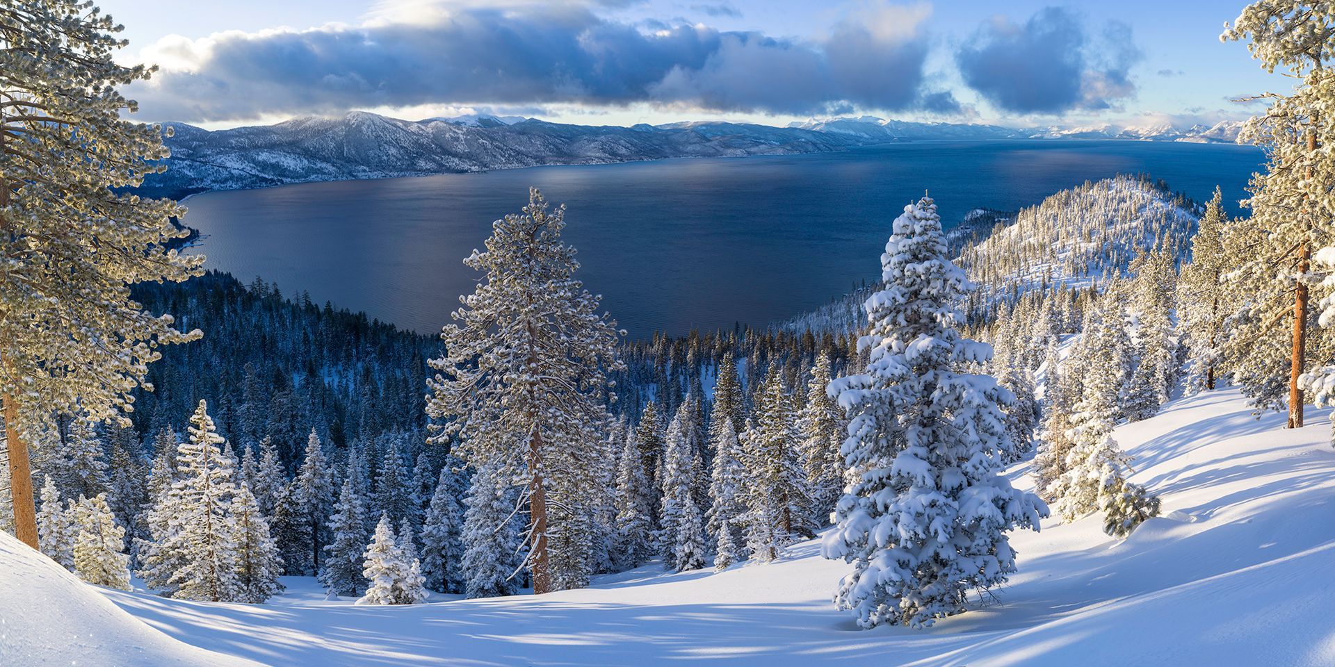 Snowy forest overlook above a blue lake under cloudy winter mountains