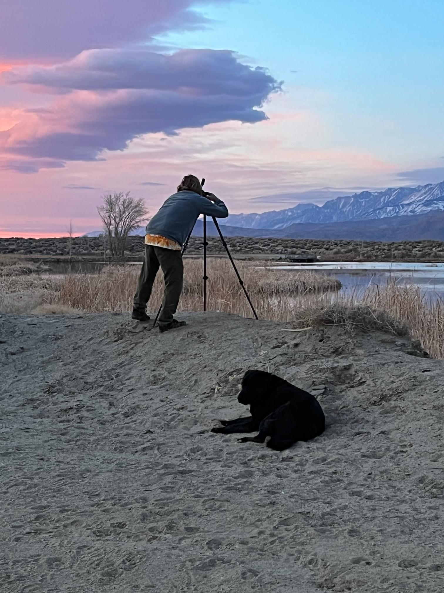 Photographer on tripod near a river at sunset with a black dog in the sand foreground
