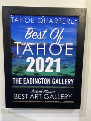 Poster reading “Tahoe Quarterly Best of Tahoe 2021” with The Eadington Gallery and Best Art Gallery on a blue lake background