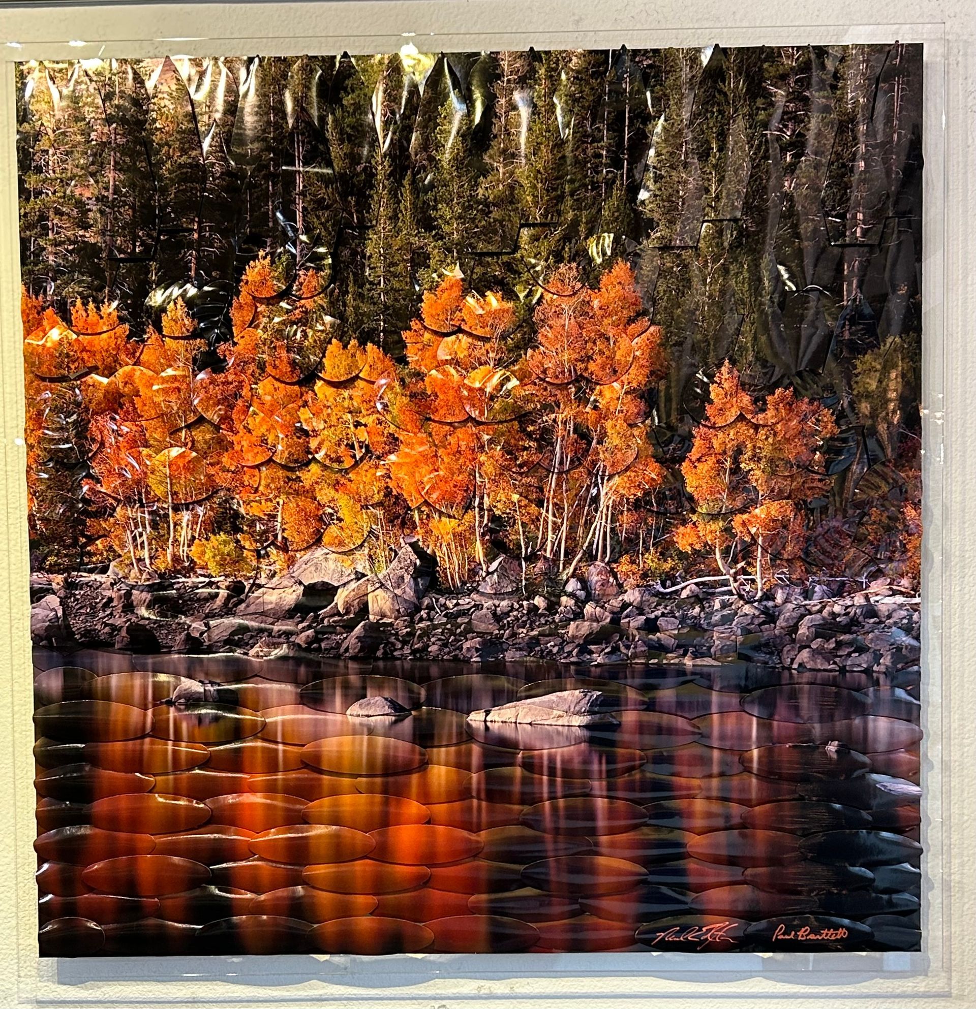 Autumn trees with bright orange leaves reflected in a calm lake beside a dark forest