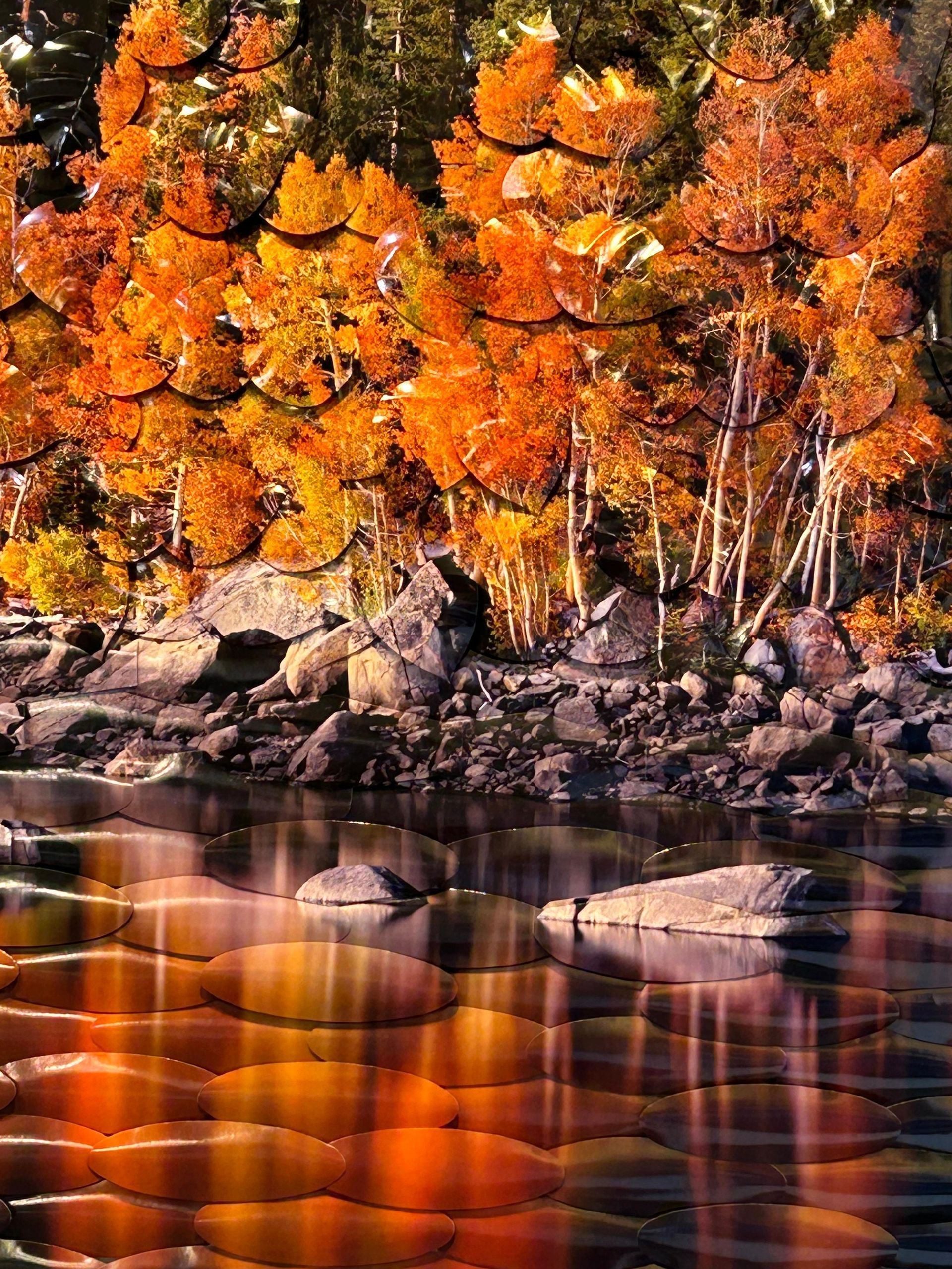 Autumn trees with bright orange leaves along a rocky shoreline reflected in calm water