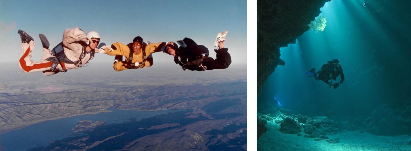 Skydivers over a blue landscape and swimmers exploring an underwater cave side by side.