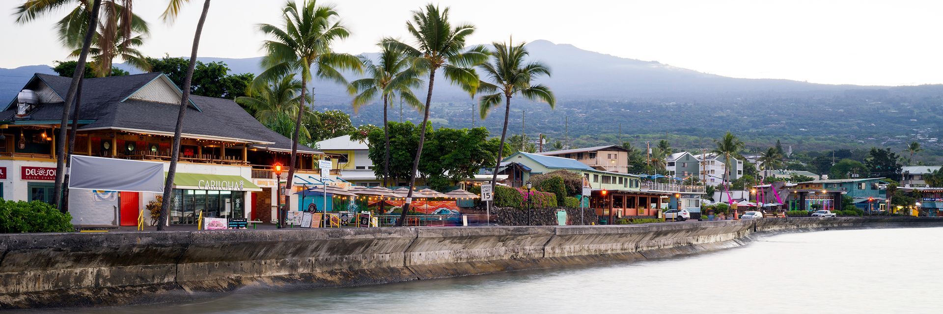 Palm-lined beachfront promenade with colorful shops and a distant mountain under a cloudy sky