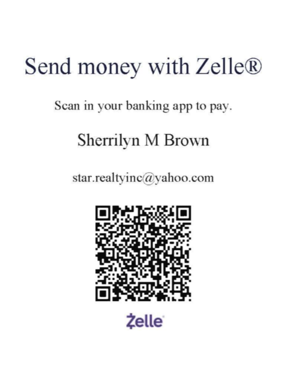 Zelle payment request for Sherrilyn M Brown, email star.realtyinc@yahoo.com, with a QR code and Zelle logo.