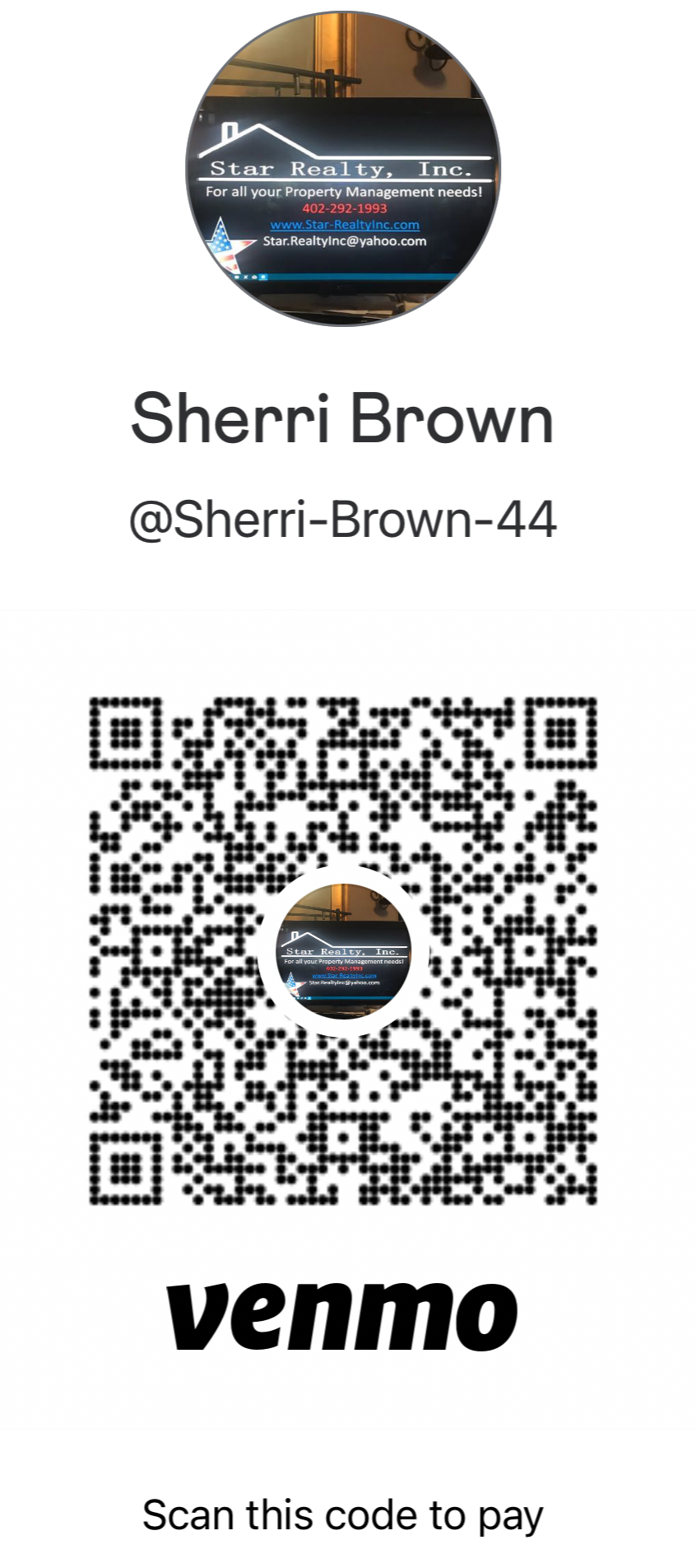 Venmo payment QR code for Sherri Brown, username @Sherri-Brown-44.
