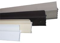 Black, white, and gray trim molding samples stacked diagonally on a white background