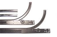Metal sliding rail hardware with curved tracks and wheels on a white background