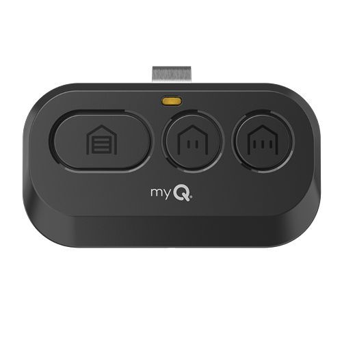 Black myQ garage door remote with three round buttons and a clip at the top