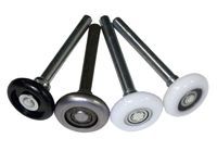 Four black-and-white wheeled casters arranged in a fan shape on a white background