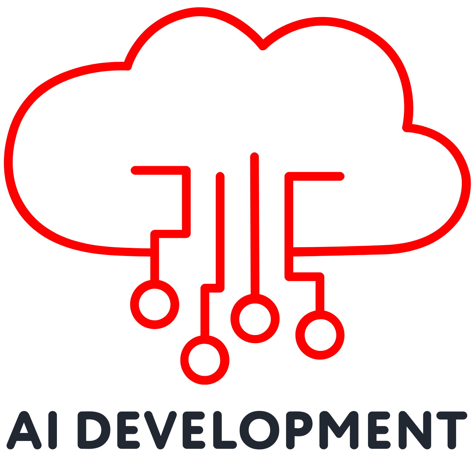 Un dibujo de una línea roja de una nube con las palabras desarrollo de ai debajo.