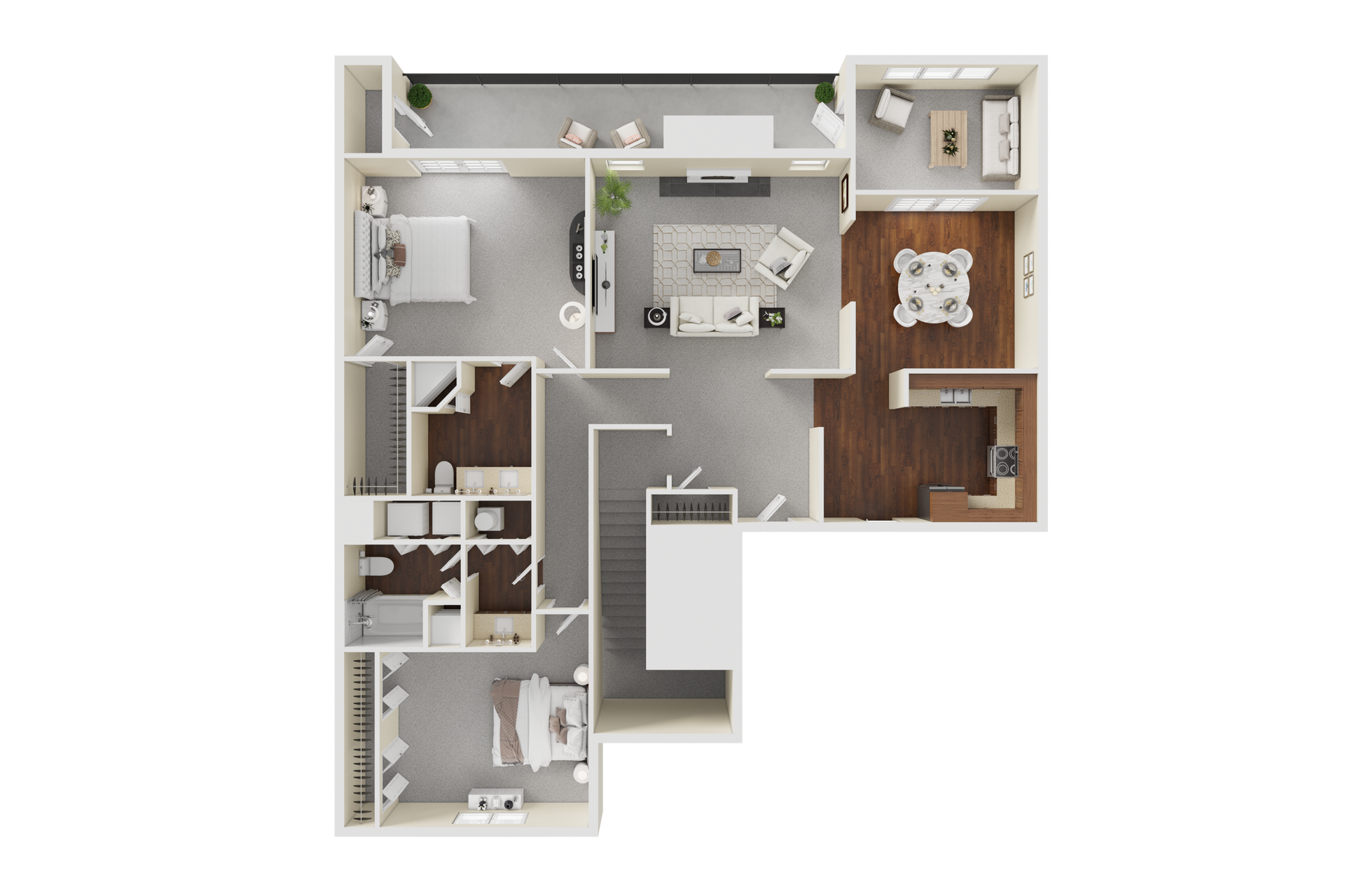 Floor plan of a house with living areas, bedrooms, kitchen, and a staircase.