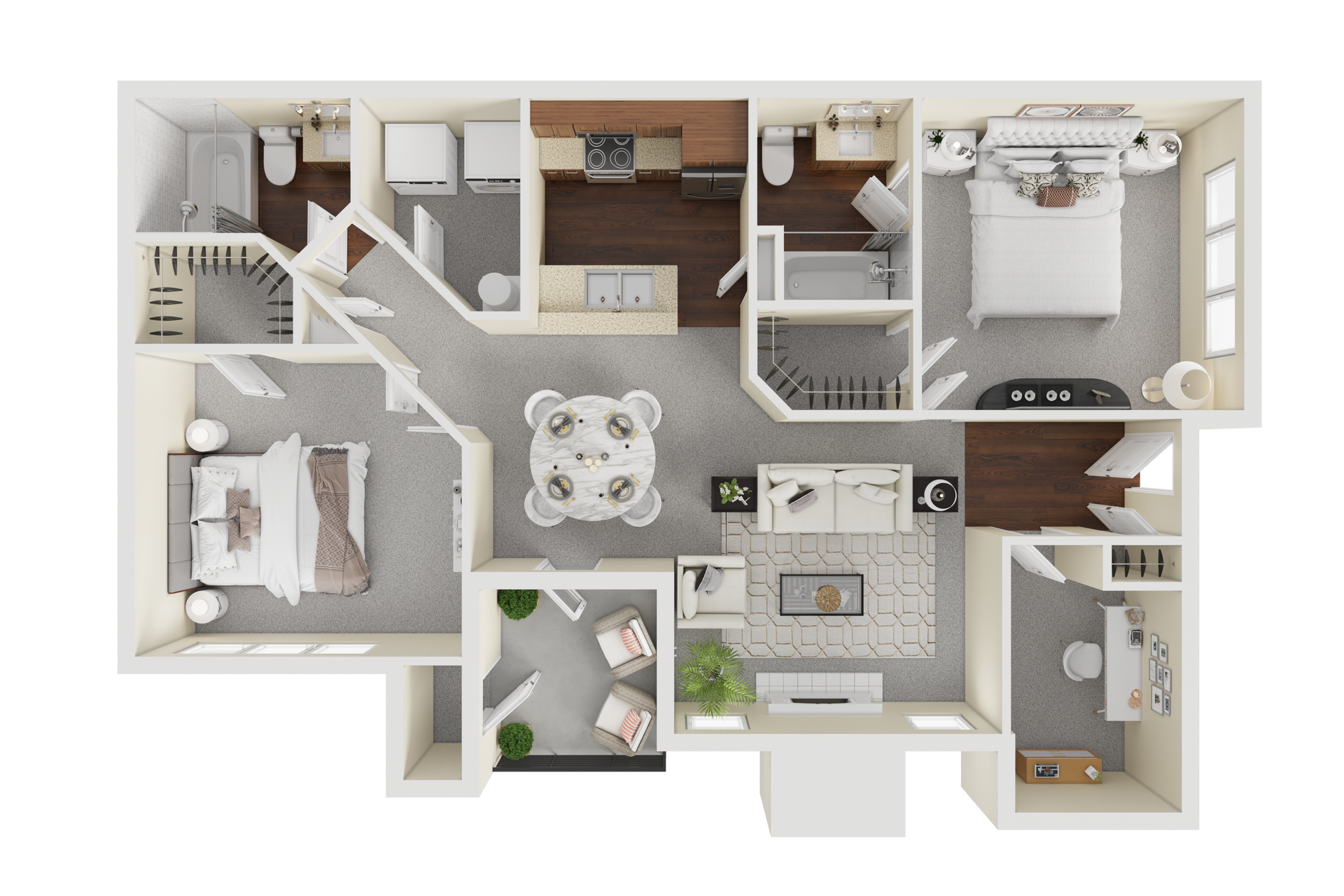 Floor plan of a two-bedroom apartment with living spaces, dining area, and a balcony.