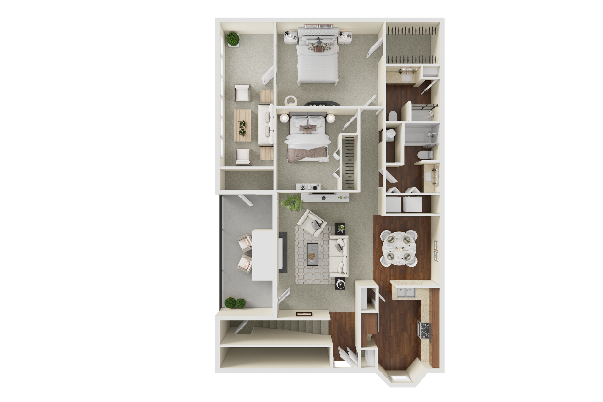Floor plan of a two-bedroom apartment with furniture, depicting the layout and rooms.